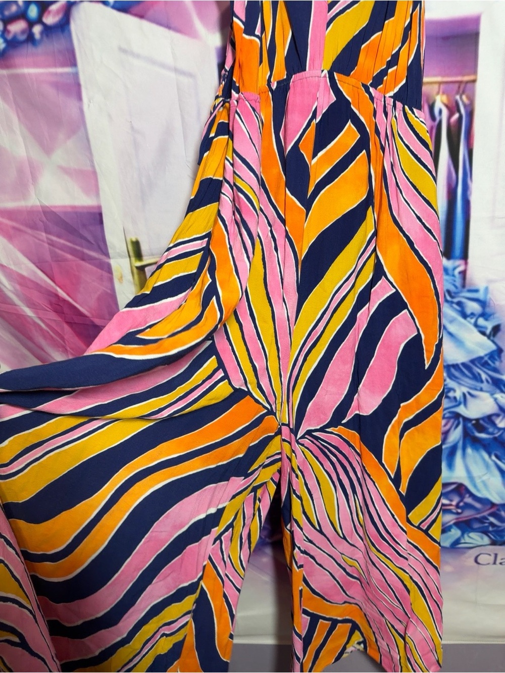 Maeve Navy Pink Orange Abstract Stripe Jumpsuit